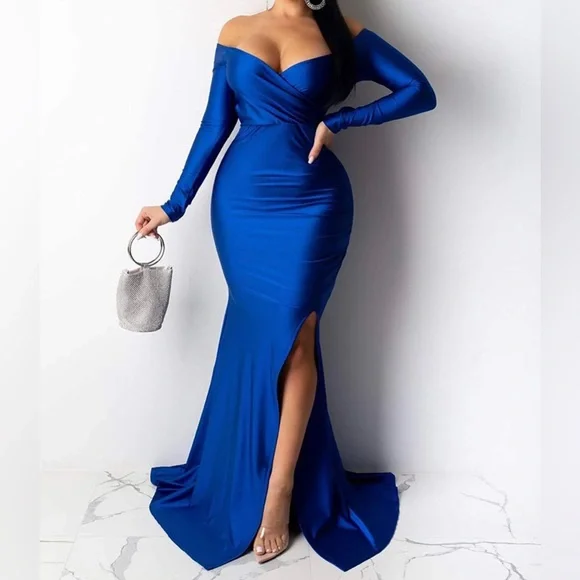 green emerald velvet dress Royal Blue Long Sleeves Sequins Mermaid Evening Dress with Slit main image 0
